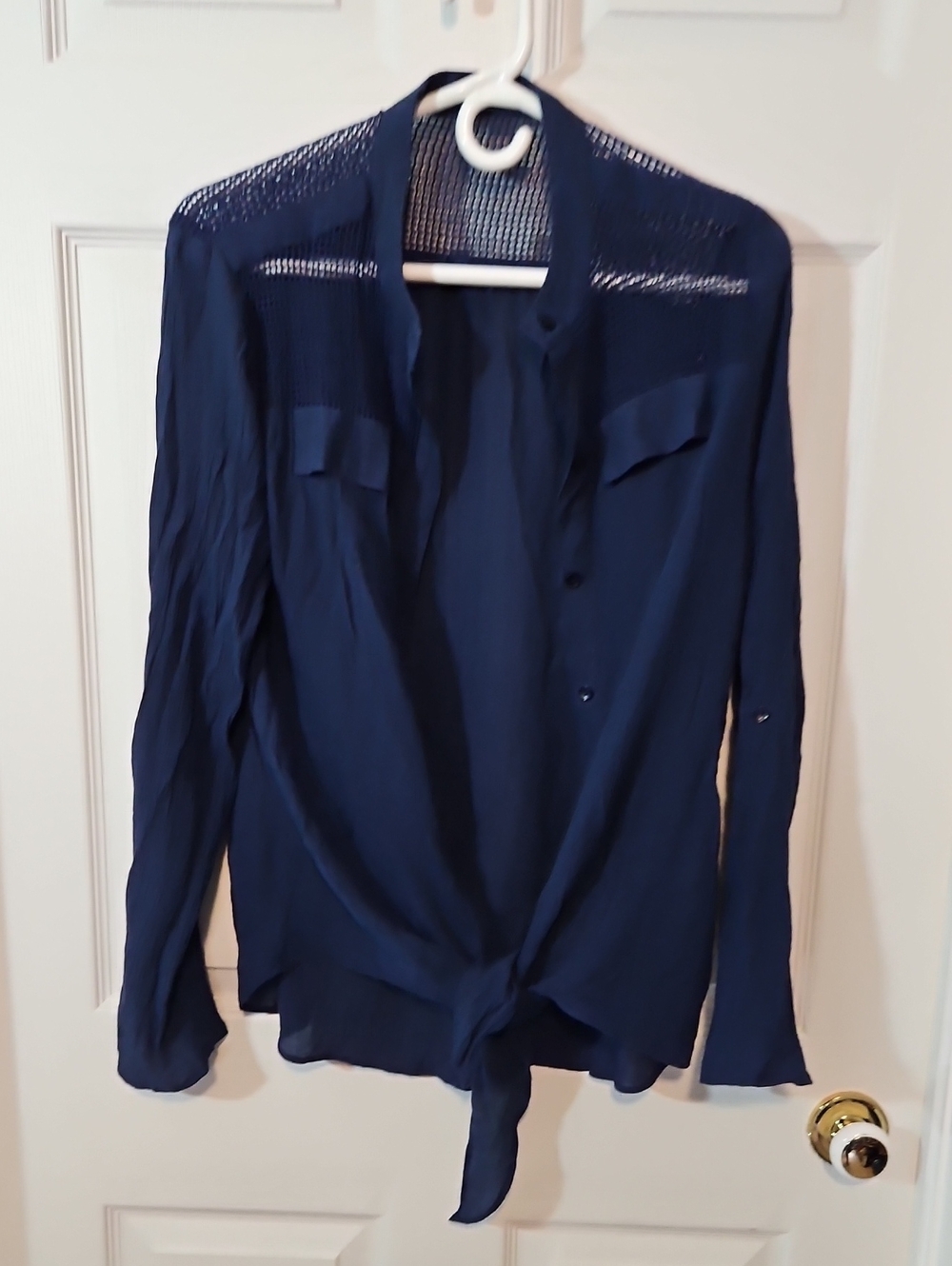 Women's Navy Tie-Front Button Shirt